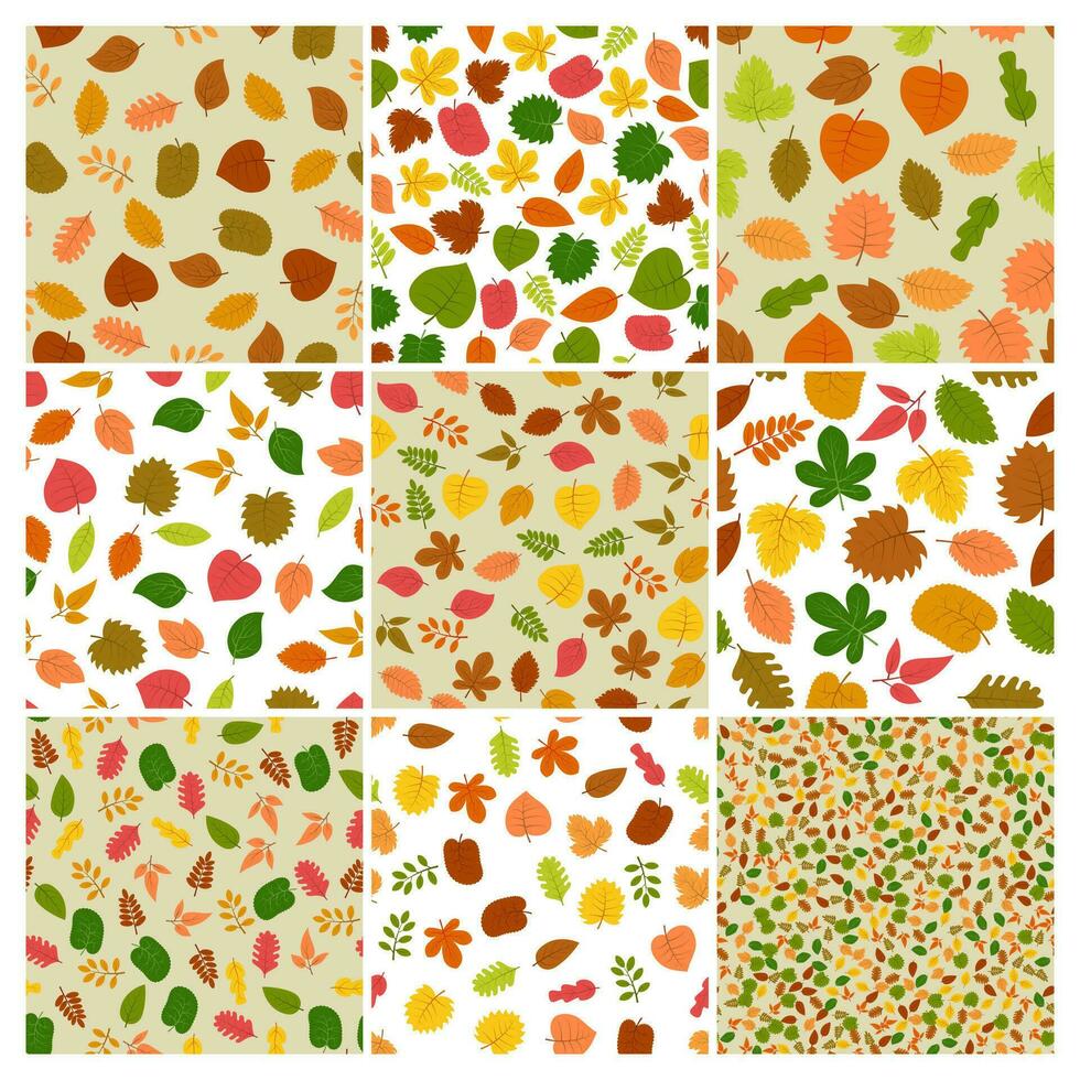 Seamless autumn leaves backgrounds. Set of nine patterns with colorful autumn leaves. Vector illustration