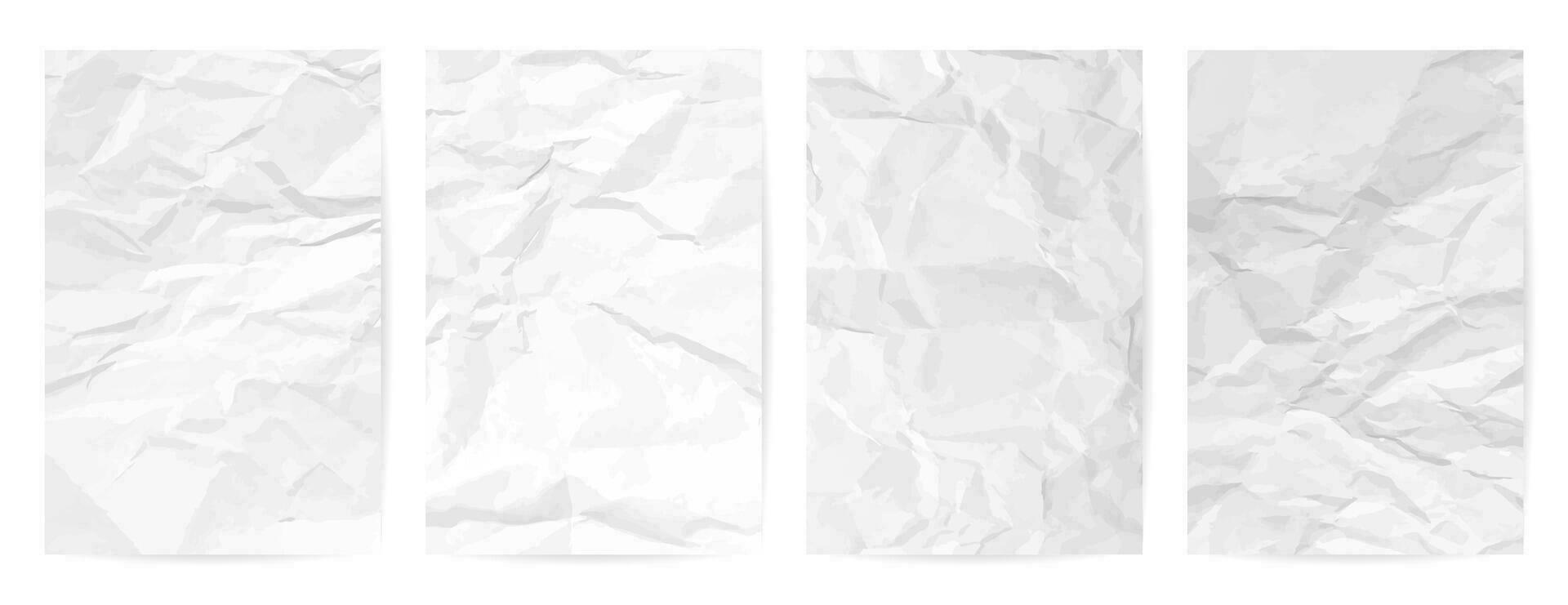 White clean crumpled paper background. Set of four vertical crumpled empty paper templates for posters and banners. Vector illustration