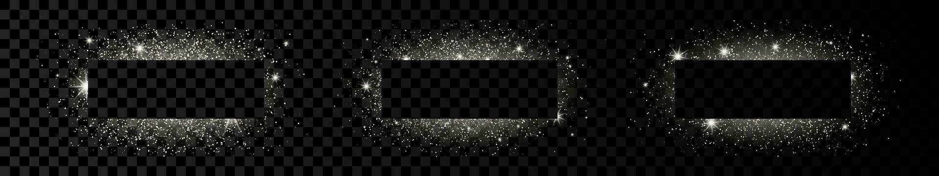 Set of three silver rectangle frames with glitter, sparkles and flares on dark background. Empty luxury backdrop. Vector illustration.