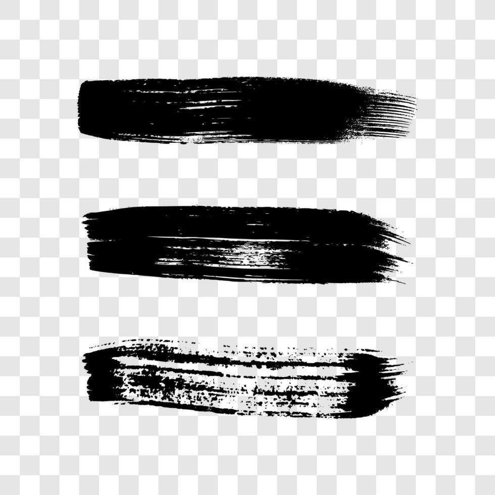 Black grunge brush strokes. Set of three painted ink stripes. Ink spot isolated on background. Vector illustration