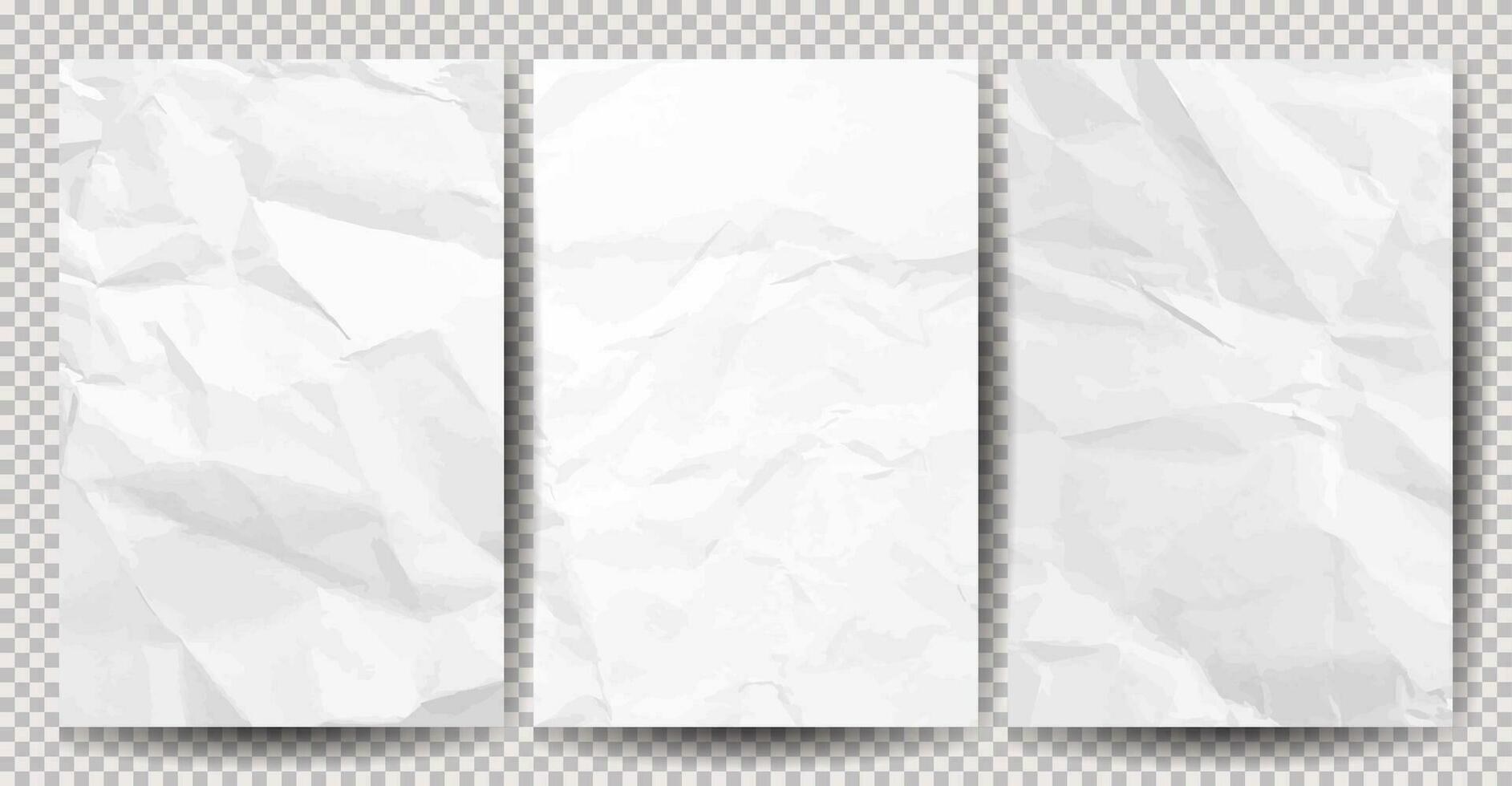 Set of white clean crumpled papers on background. Crumpled empty sheets of paper with shadow for posters and banners. Vector illustration