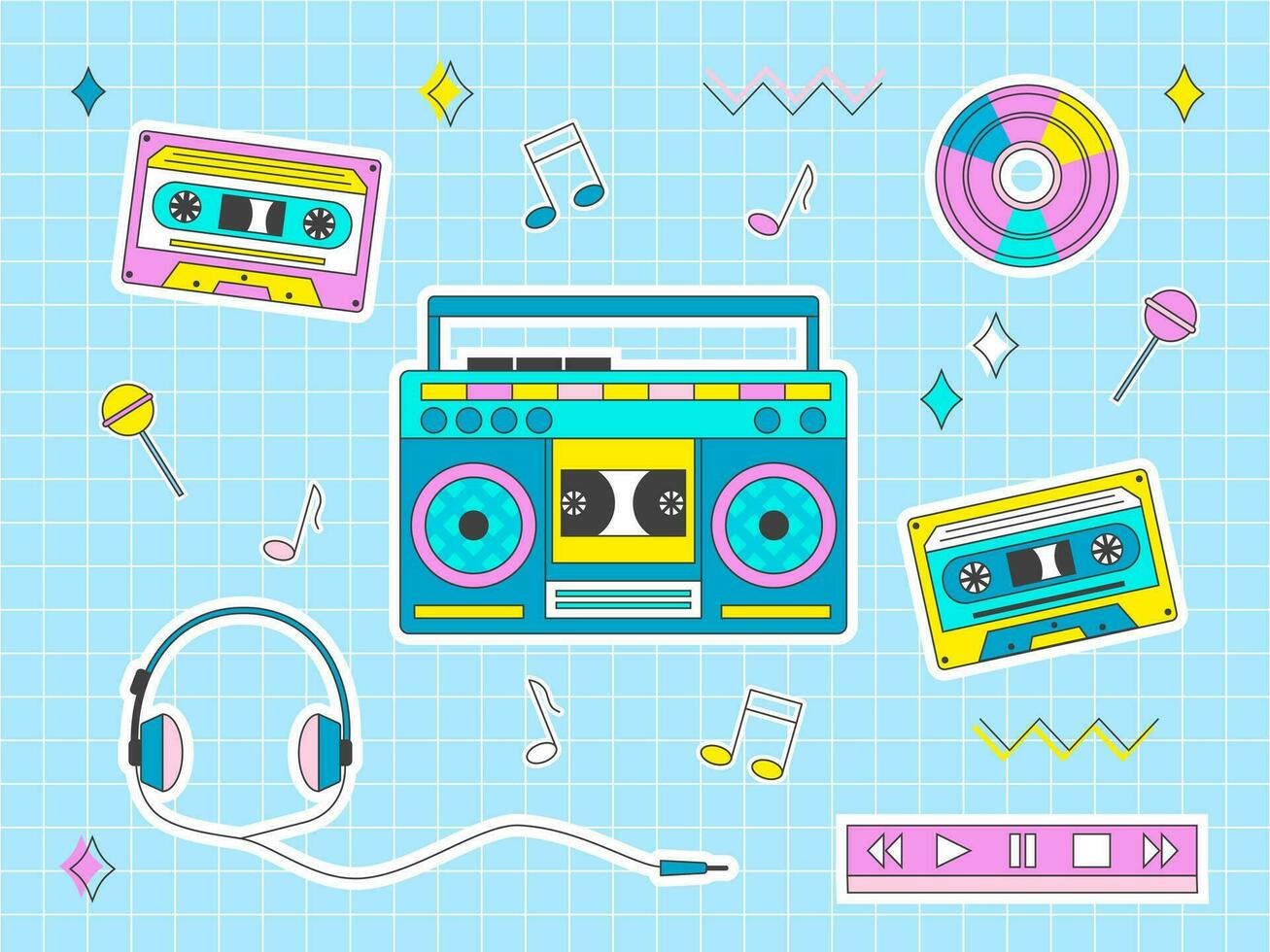 retro 90 música concepto. un cinta grabadora, casetes y auriculares. vector