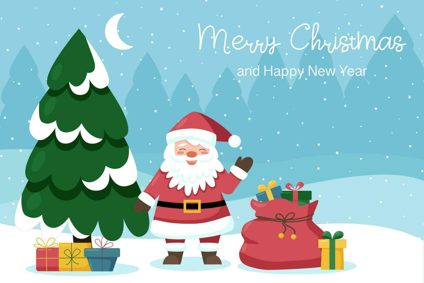 Santa Claus with gift boxes near Christmas tree vector