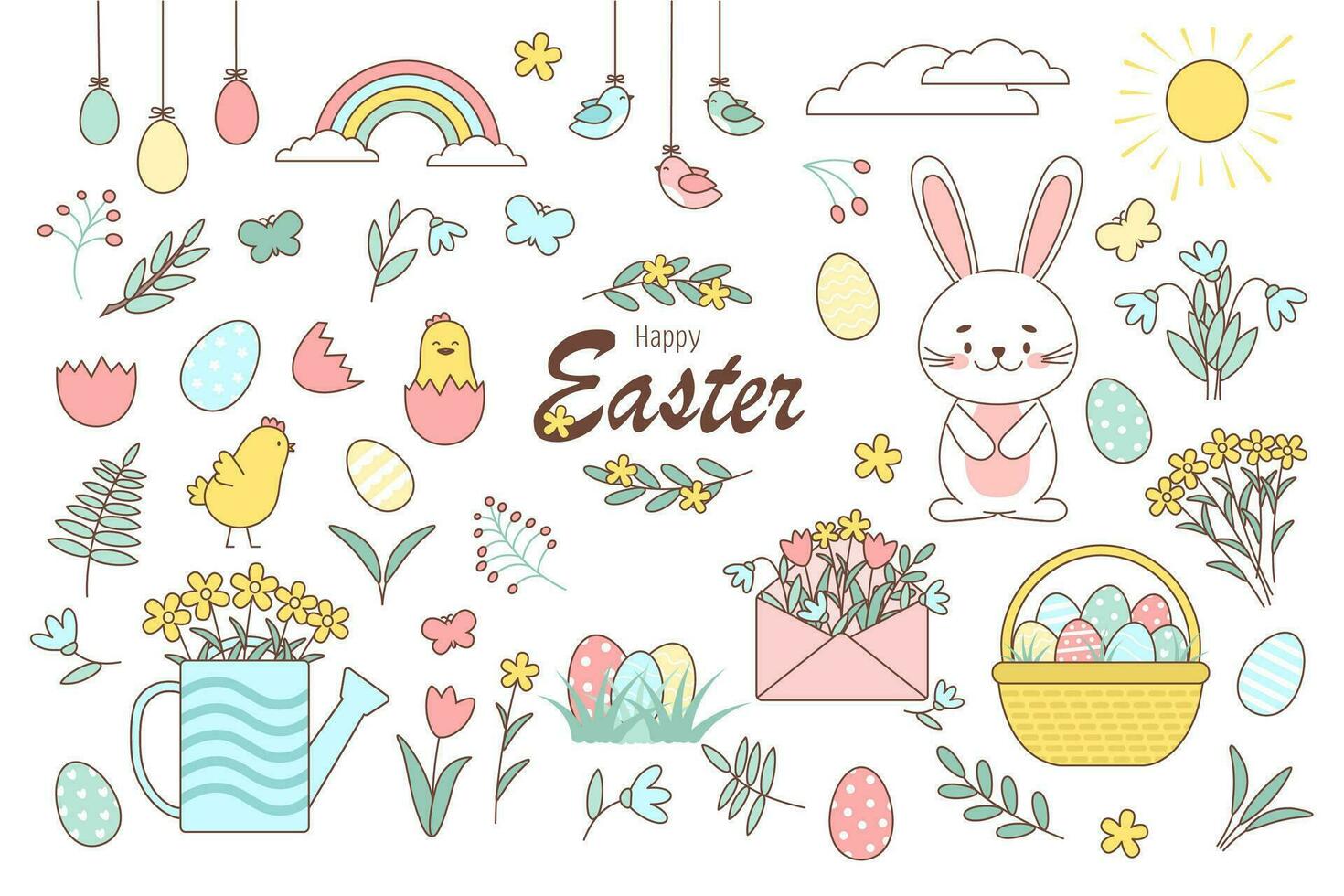 Set of Easter elements on white vector