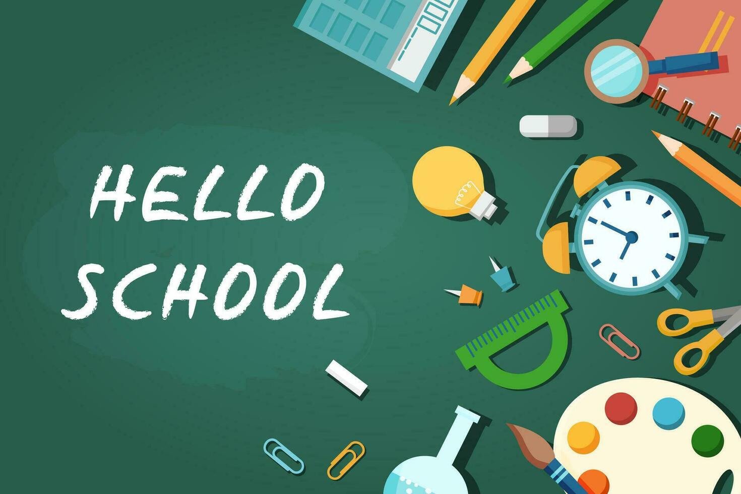 School background. School supplies on the blackboard. vector