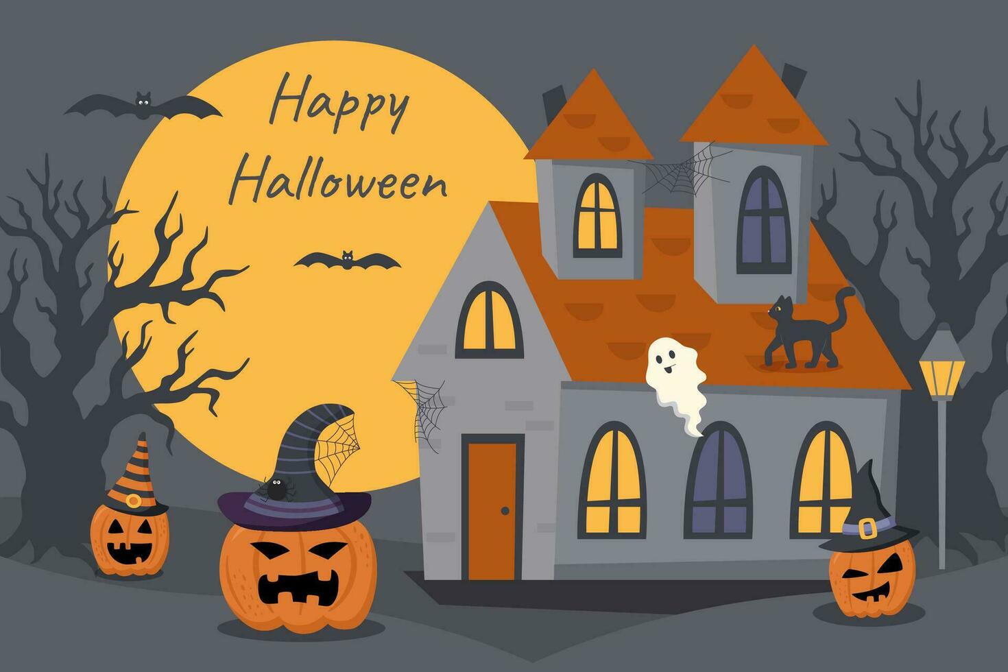 Halloween background. Dark house with ghost and pumpkins. vector