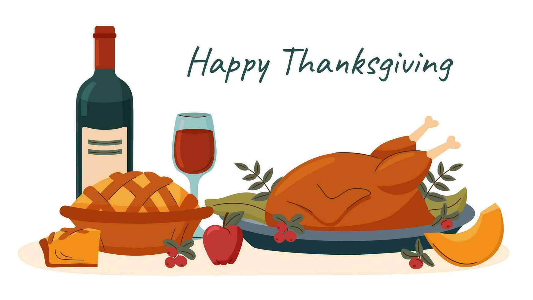 Thanksgiving dinner concept. Roasted turkey with pumpkin pie and bottle of wine on the table. vector