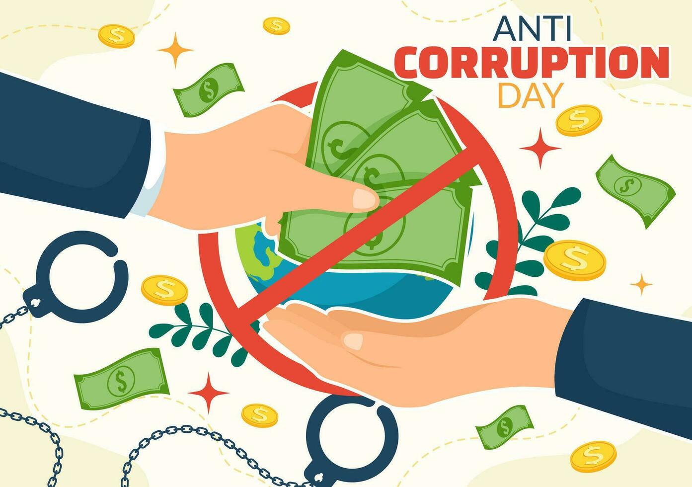 anti corrupción día vector ilustración en 9 9 diciembre con detener dar dinero y moneda dólar con un prohibición firmar en plano dibujos animados antecedentes diseño