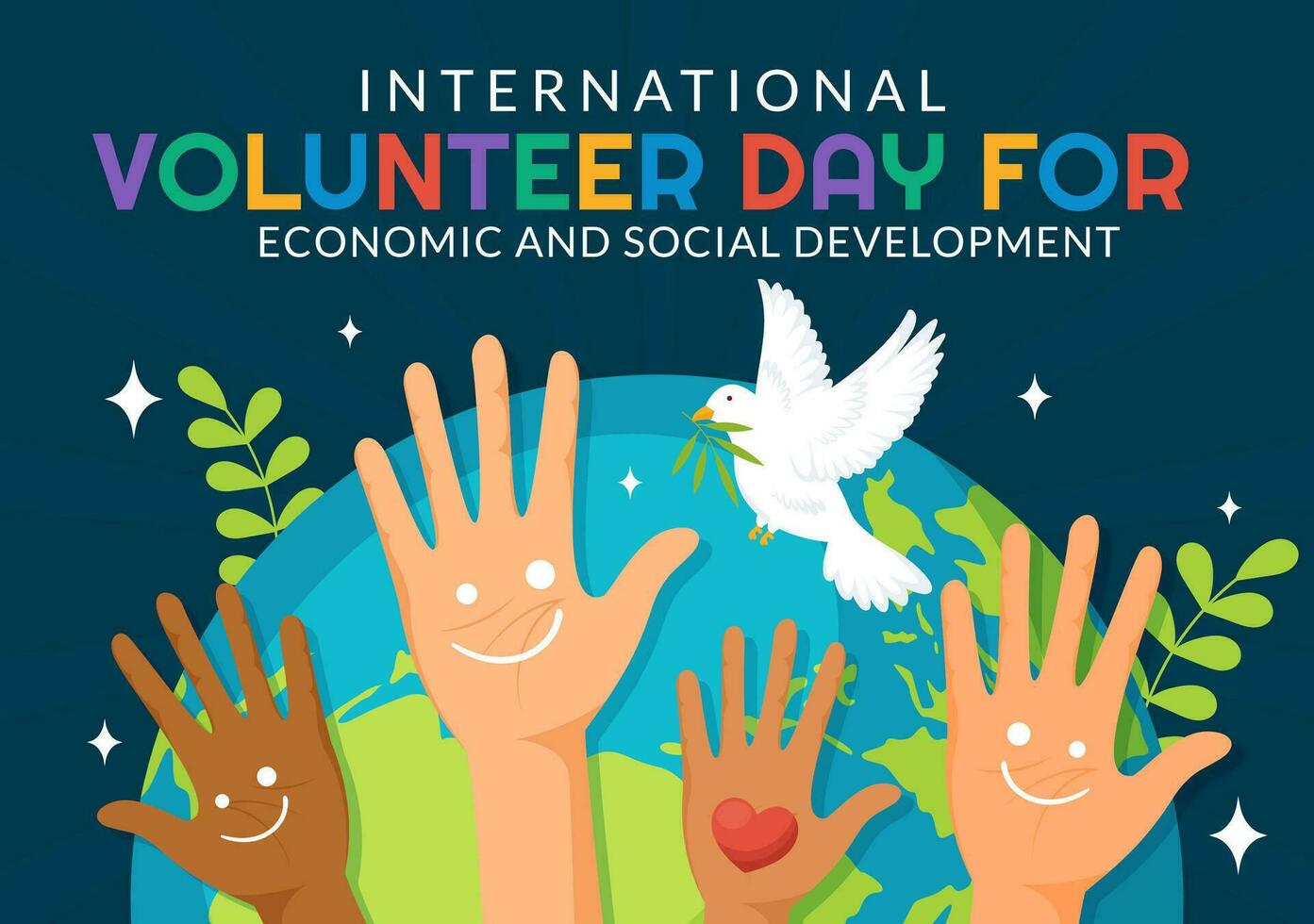 International Volunteer Day for Economic and Social Development Vector Illustration on December 5 with Hands and Pigeons in Flat Cartoon Background