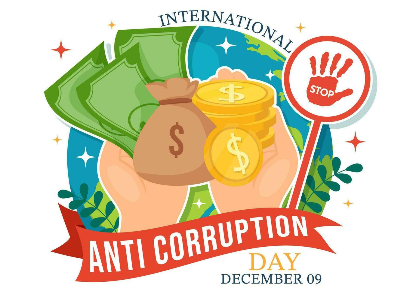 anti corrupción día vector ilustración en 9 9 diciembre con detener dar dinero y moneda dólar con un prohibición firmar en plano dibujos animados antecedentes diseño