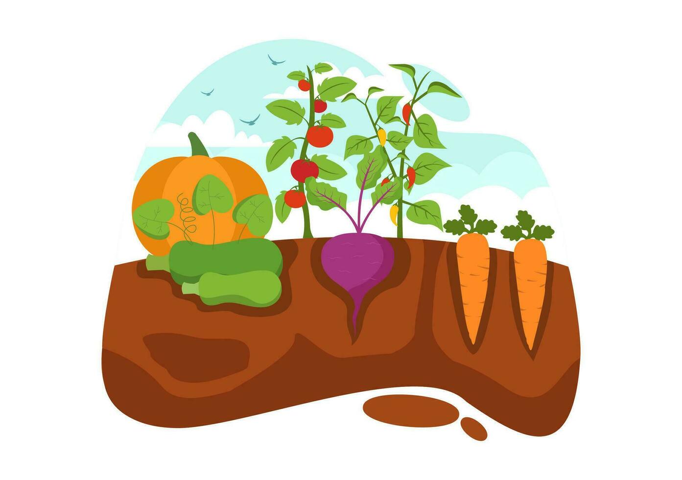 Growing Vegetables Vector Illustration with Harvest, Farming Various Vegetable and Organic Natural Crop at a Garden in Kids Cartoon Background Design