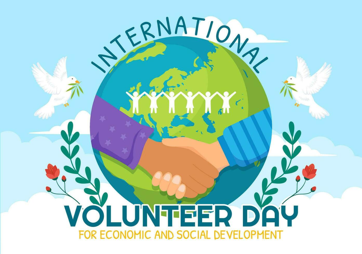 International Volunteer Day for Economic and Social Development Vector Illustration on December 5 with Hands and Pigeons in Flat Cartoon Background