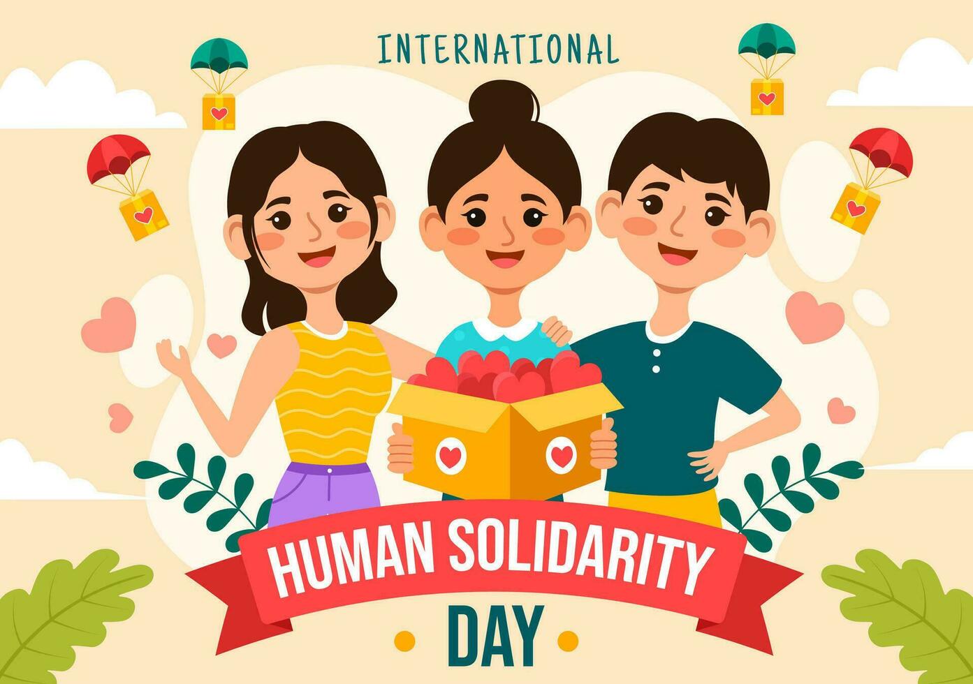 International Human Solidarity Day Vector Illustration on December 20 with Earth, Hands and Love for People Help Person in Kids Cartoon Background
