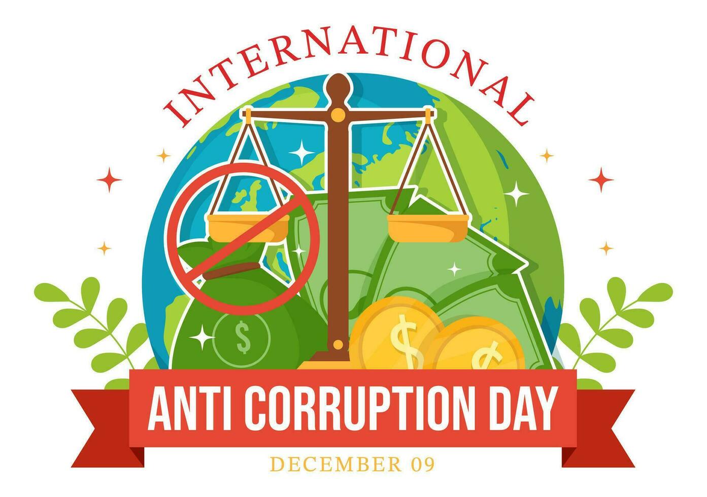 anti corrupción día vector ilustración en 9 9 diciembre con detener dar dinero y moneda dólar con un prohibición firmar en plano dibujos animados antecedentes diseño