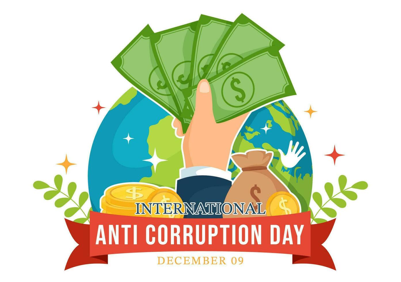 anti corrupción día vector ilustración en 9 9 diciembre con detener dar dinero y moneda dólar con un prohibición firmar en plano dibujos animados antecedentes diseño