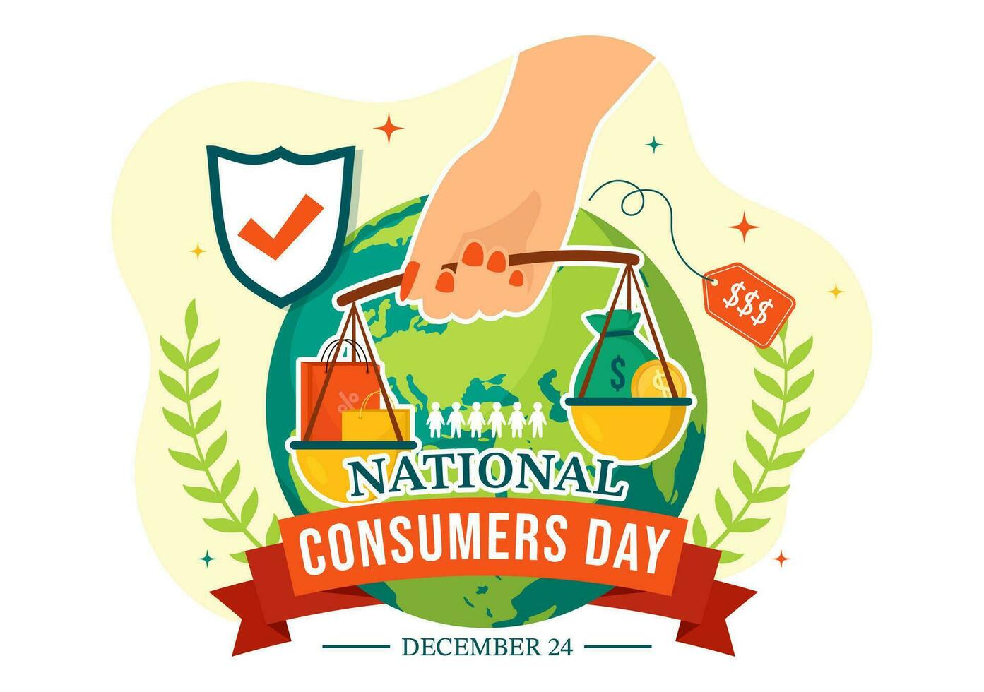 nacional consumidor día vector ilustración con compras carro y papel bolso para promoción, bandera o póster en plano dibujos animados antecedentes diseño