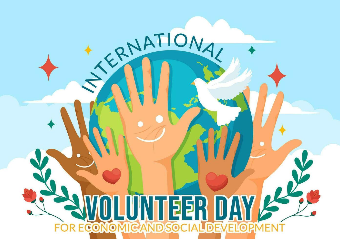 International Volunteer Day for Economic and Social Development Vector Illustration on December 5 with Hands and Pigeons in Flat Cartoon Background