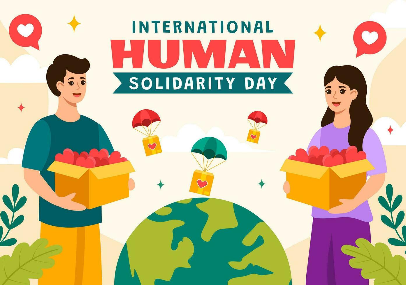 International Human Solidarity Day Vector Illustration on December 20 with Earth, Hands and Love for People Help Person in Flat Cartoon Background