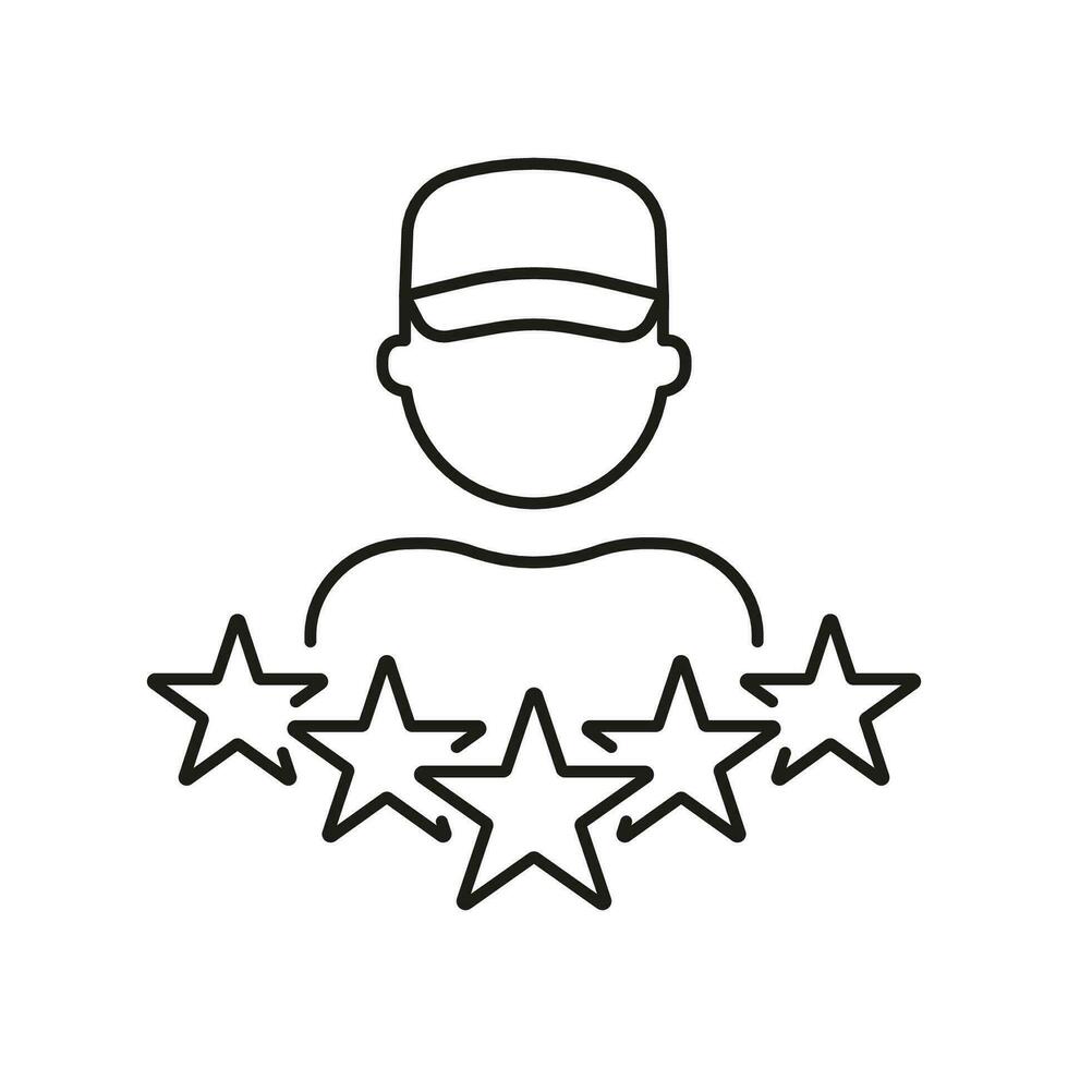 Delivery Man Review Line Icon. Courier Rating Linear Pictogram. Client Satisfaction Outline Symbol. Customer Feedback, Deliveryman with Five Stars Sign. Editable Stroke. Isolated Vector Illustration.