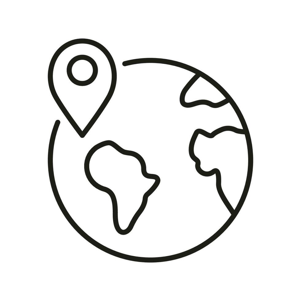 Planet Earth with Location Pin Linear Pictogram. International Shipping Outline Symbol. Global Delivery Line Icon. Worldwide Delivery Sign. Editable Stroke. Isolated Vector Illustration.