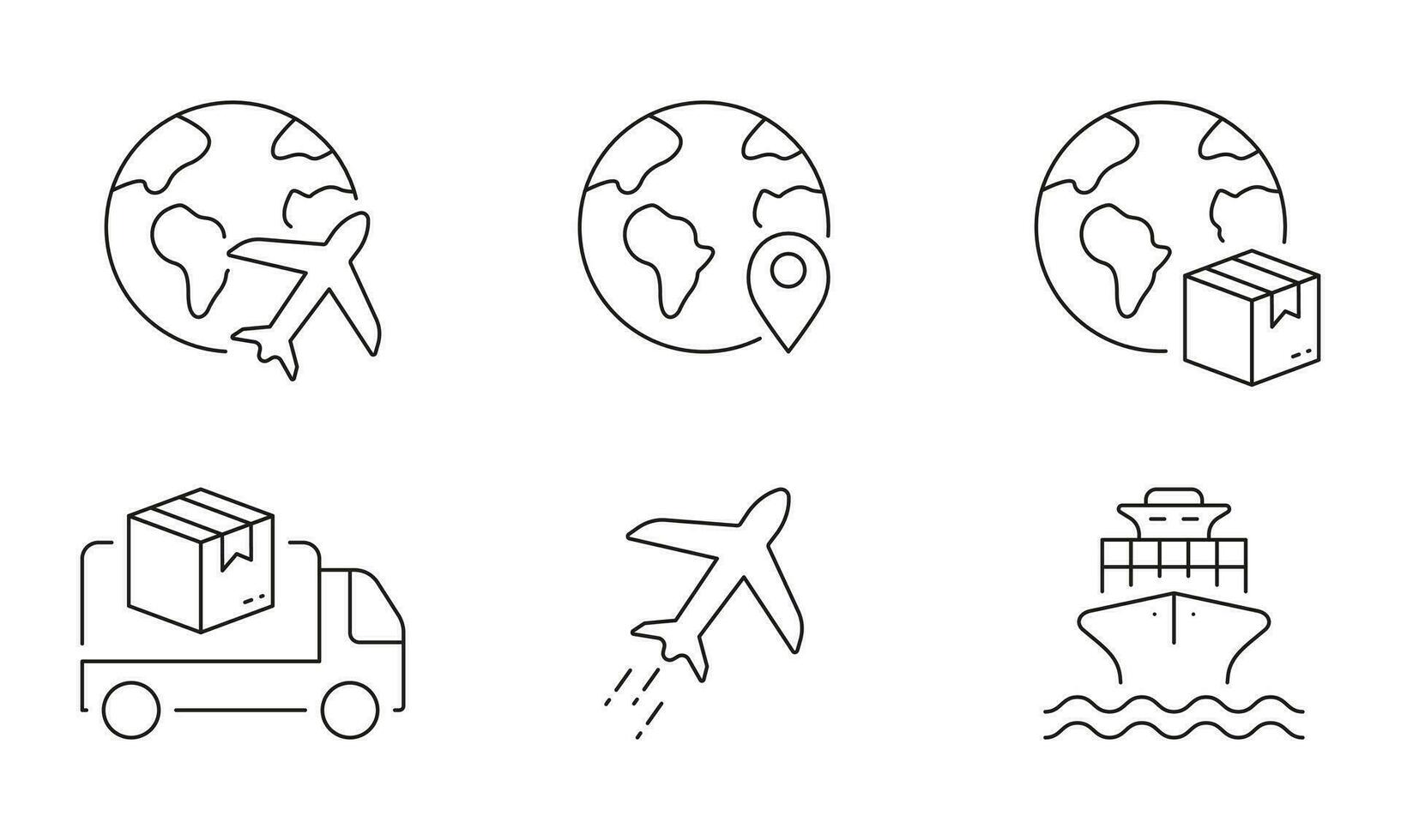 Shipping Transport Line Icon Set. Plane, Truck, Ship For International Delivery Service Linear Pictogram. Cargo Shipment Symbol. Global Export Sign. Editable Stroke. Isolated Vector Illustration.