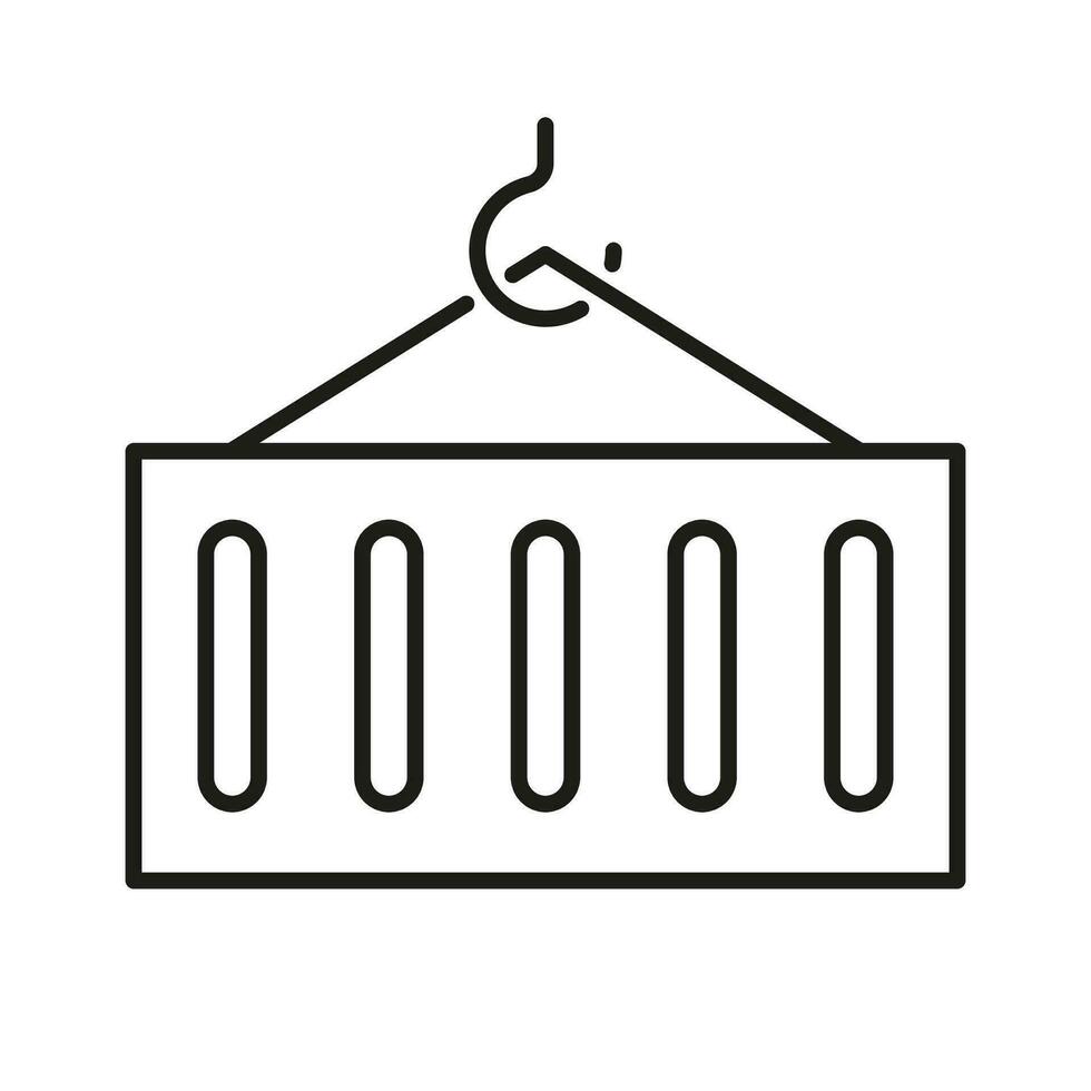 Container on Metal Crane Line Icon. Warehouse Equipment Linear Pictogram. Freight Loading and Transportation Symbol. Export and Import Business Sign. Editable Stroke. Isolated Vector Illustration.