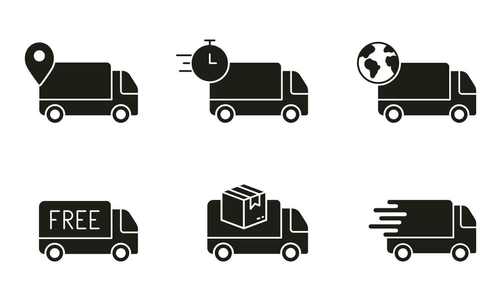 Fast Van, Free Shipping Transport Silhouette Icon Set. Delivery Truck Glyph Pictogram. Logistic, Parcel Shipment Solid Sign. Cargo Transportation Symbol Collection. Isolated Vector Illustration.