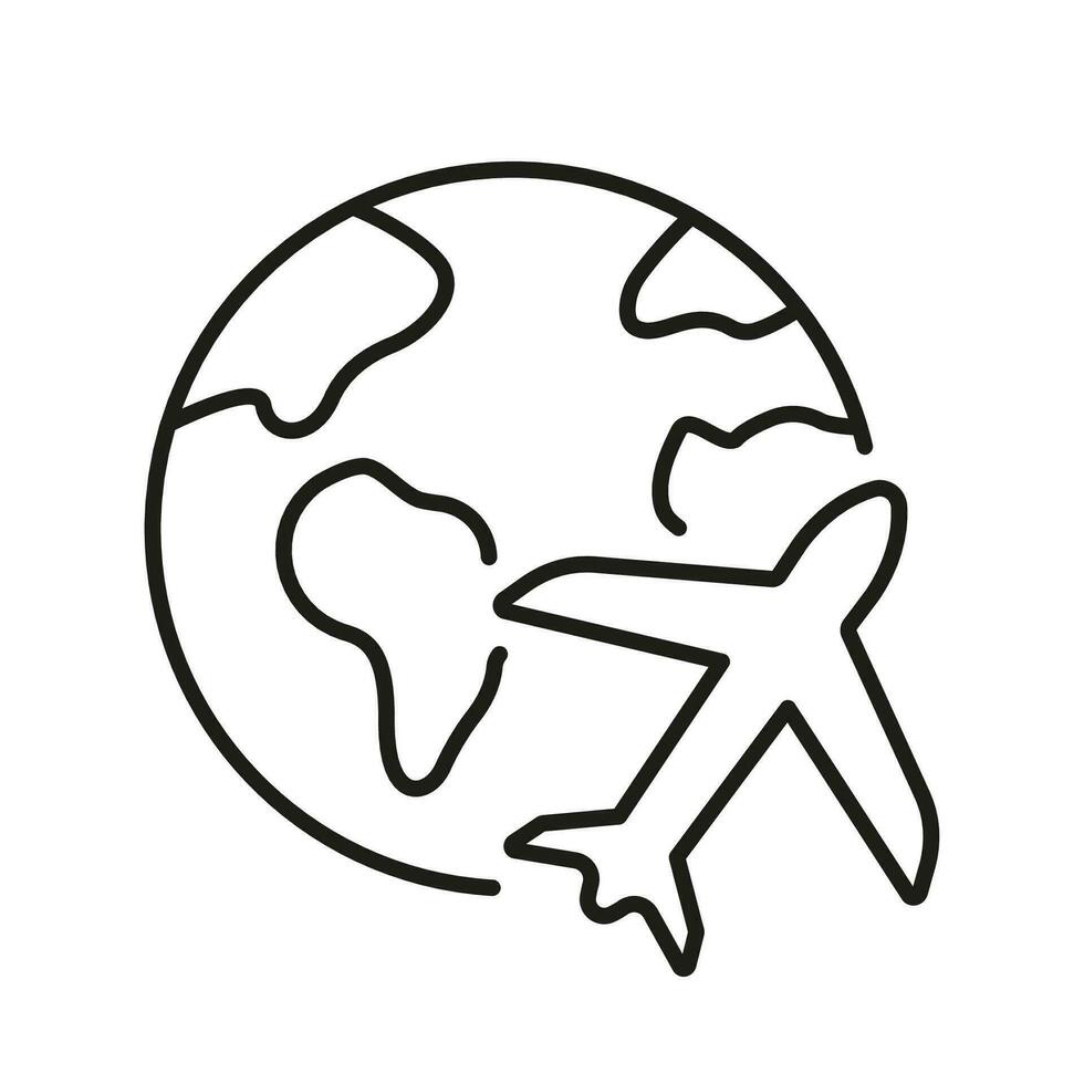 Globe with Plane Line Icon. Travel Around World Linear Pictogram. Airplane with Planet Earth Outline Symbol. Air Transport, Business Flight Sign. Editable Stroke. Isolated Vector Illustration.