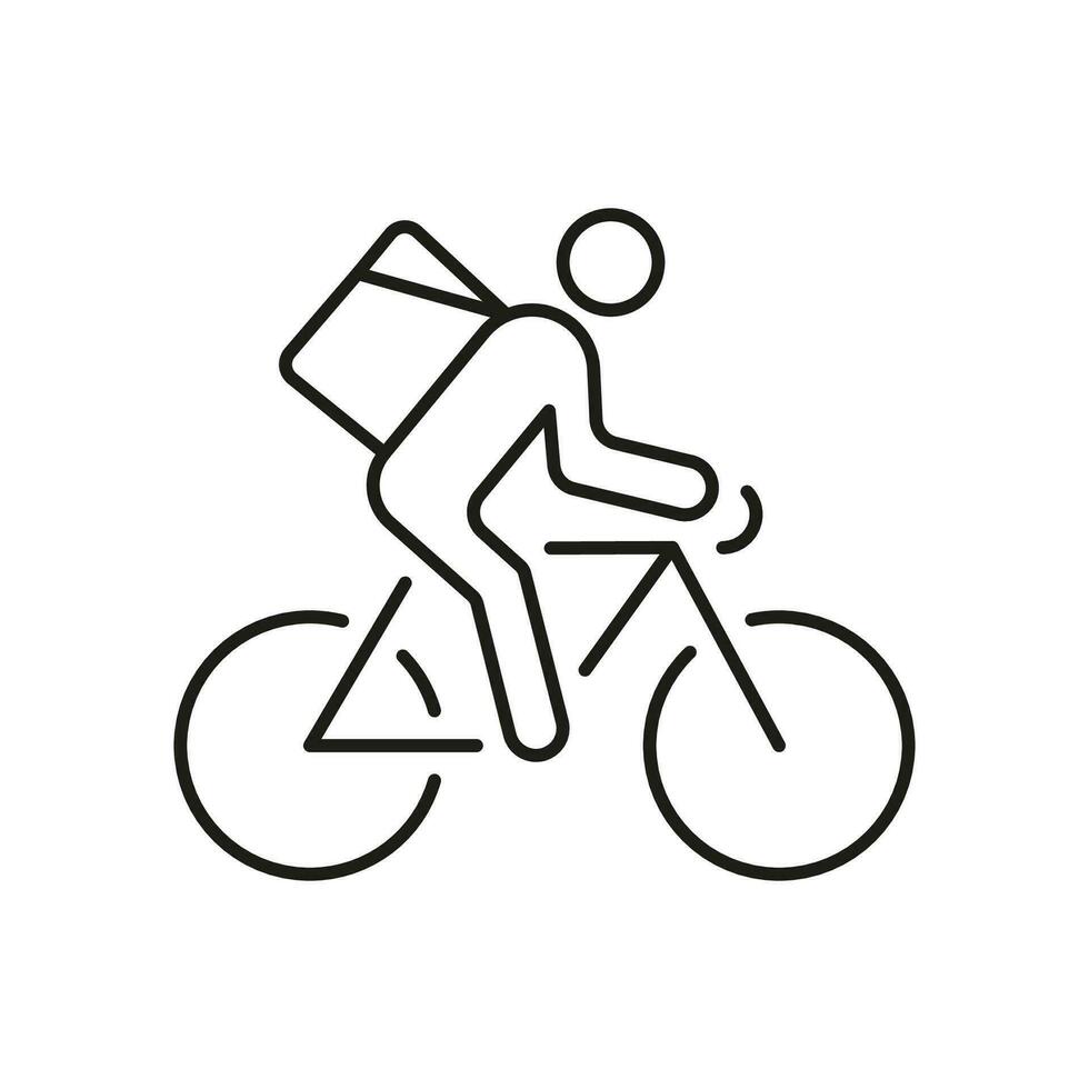 Courier On Bike Line Icon. Express Delivery Service Linear Pictogram. Fast Shipping of Food or Goods Outline Symbol. Speed Deliveryman on Bicycle Sign. Editable Stroke. Isolated Vector Illustration.