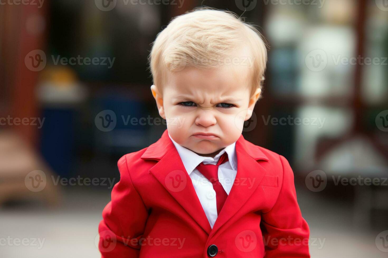 Offended little boy with folded arms.AI generative photo