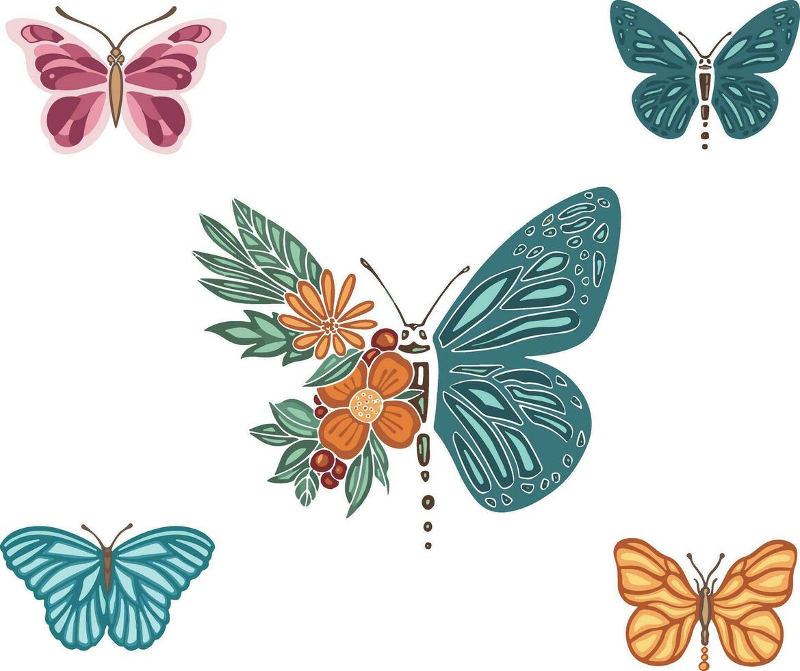 Set of different spring solar butterflies moth, vector illustration