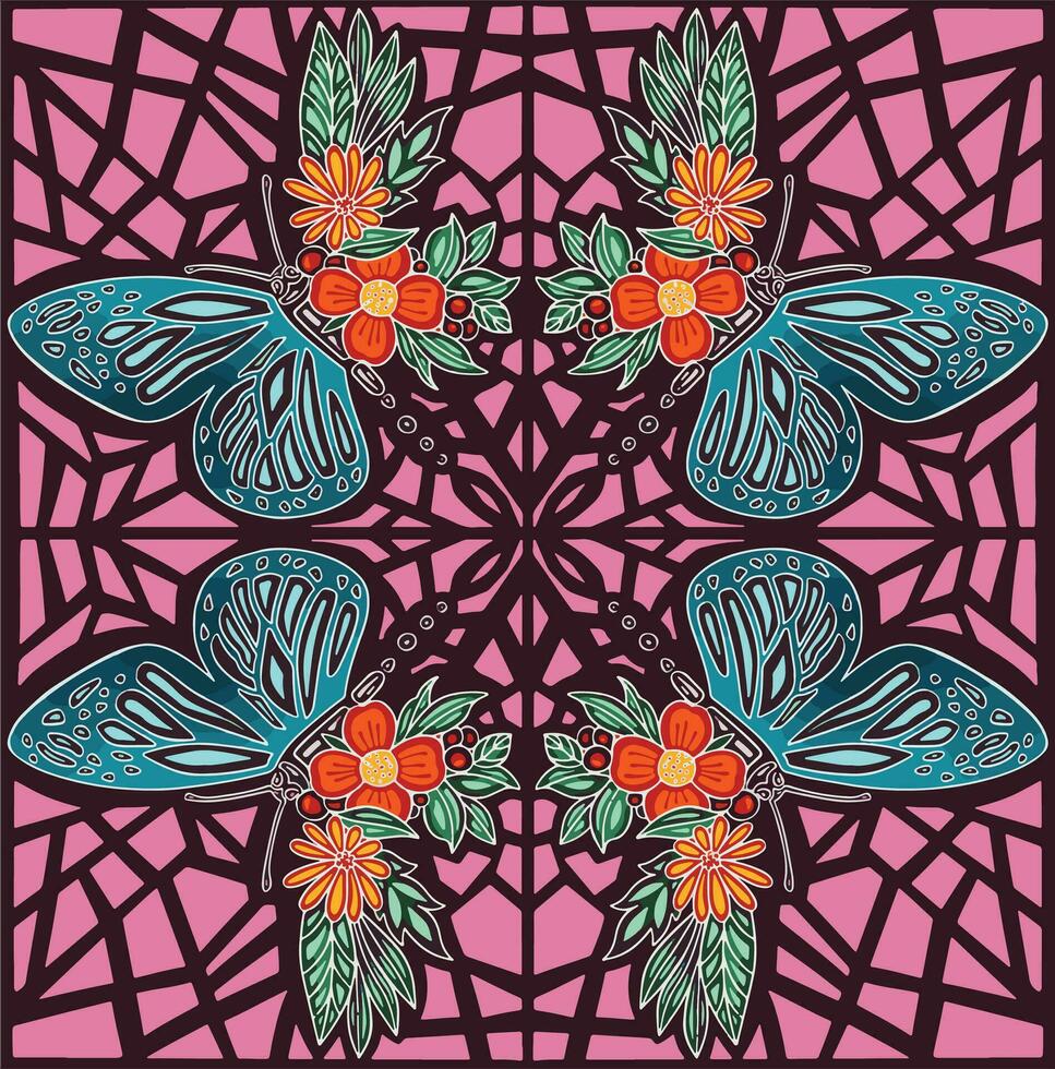 Pattern gentle butterflies on a dark background with pink geomet vector