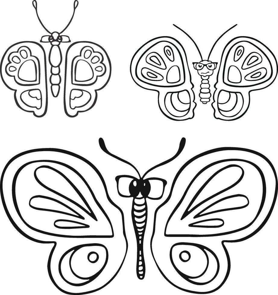 Set linear butterfly monochrome cartoon style  illustration vector