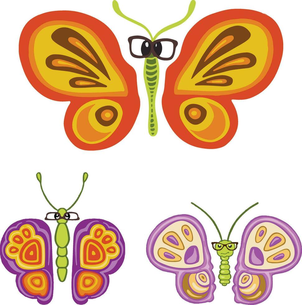 Set linear butterfly bright colored childish cartoon style  illustration vector