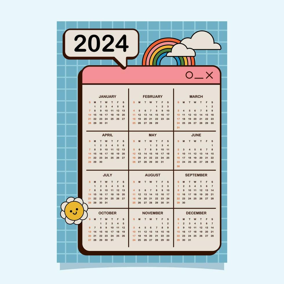 Wall Calendar 2024 design template vector groovy memphis style