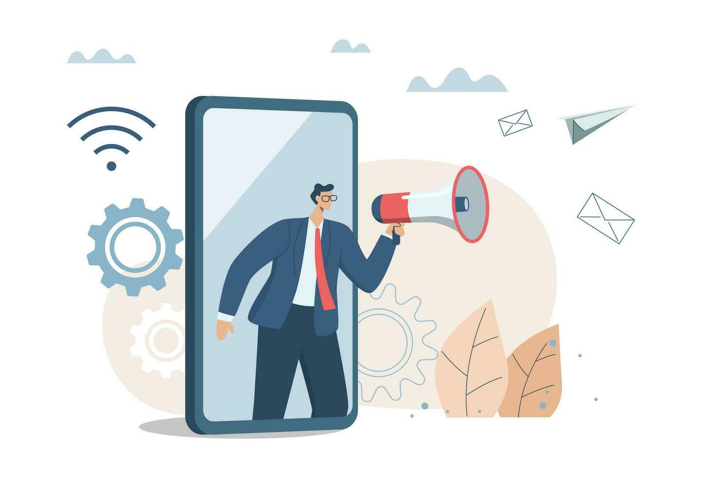 Promoting communication with customers, Sending important messages, Marketing activities with social media campaigns. Businessman advertising or announcement with megaphone from smart phone. vector