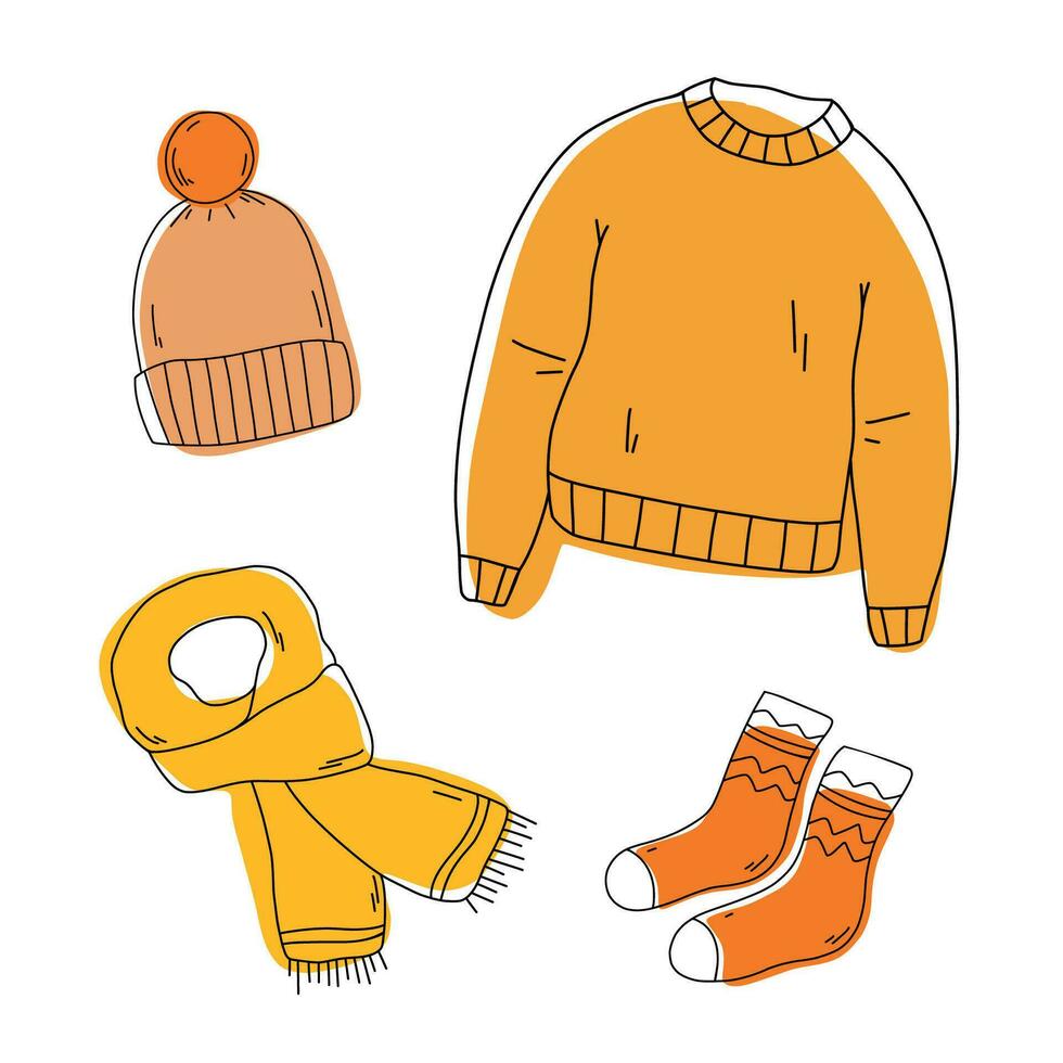 Warm autumn winter clothes. Knitted sweater, hat, scarf and socks. Doodle autumn clothes vector collection. Vector sketch icon isolated on white. Seasonal Design elements