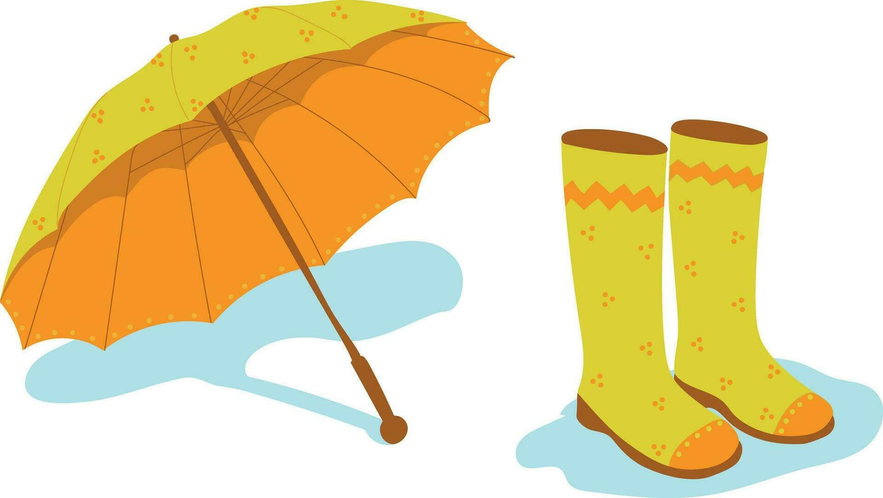 Yellow rubber boots and umbrella. Autumn attributes. vector