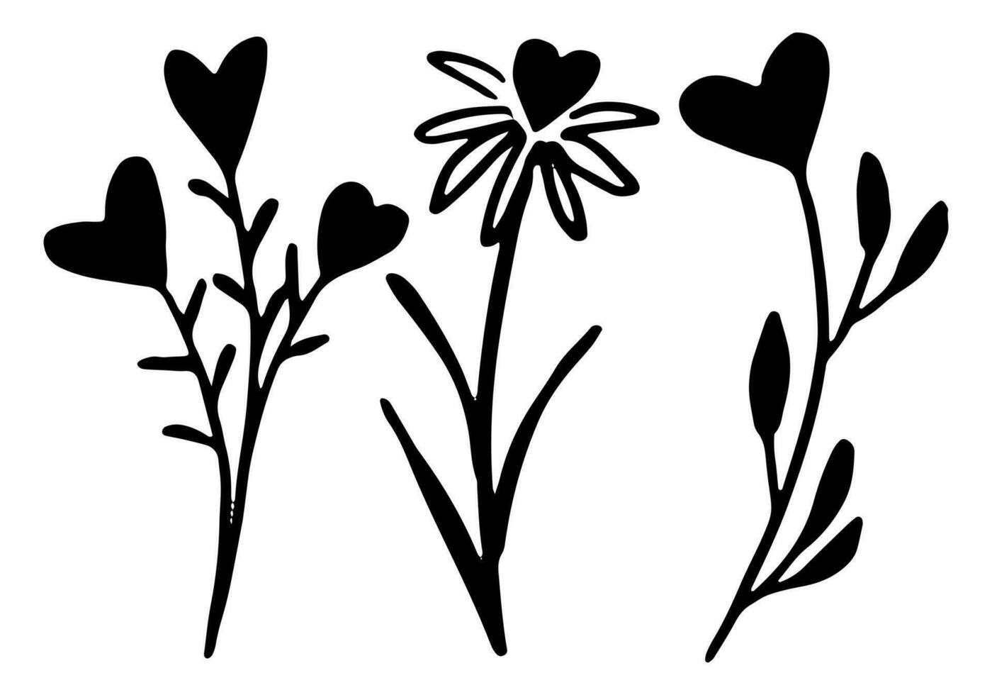 Doodles collection of cute flowers with hearts. Hand drawn vector illustrations. Romantic botanical sketches elements isolated on white. Contour drawings for st Valentine holiday design, prints, cards