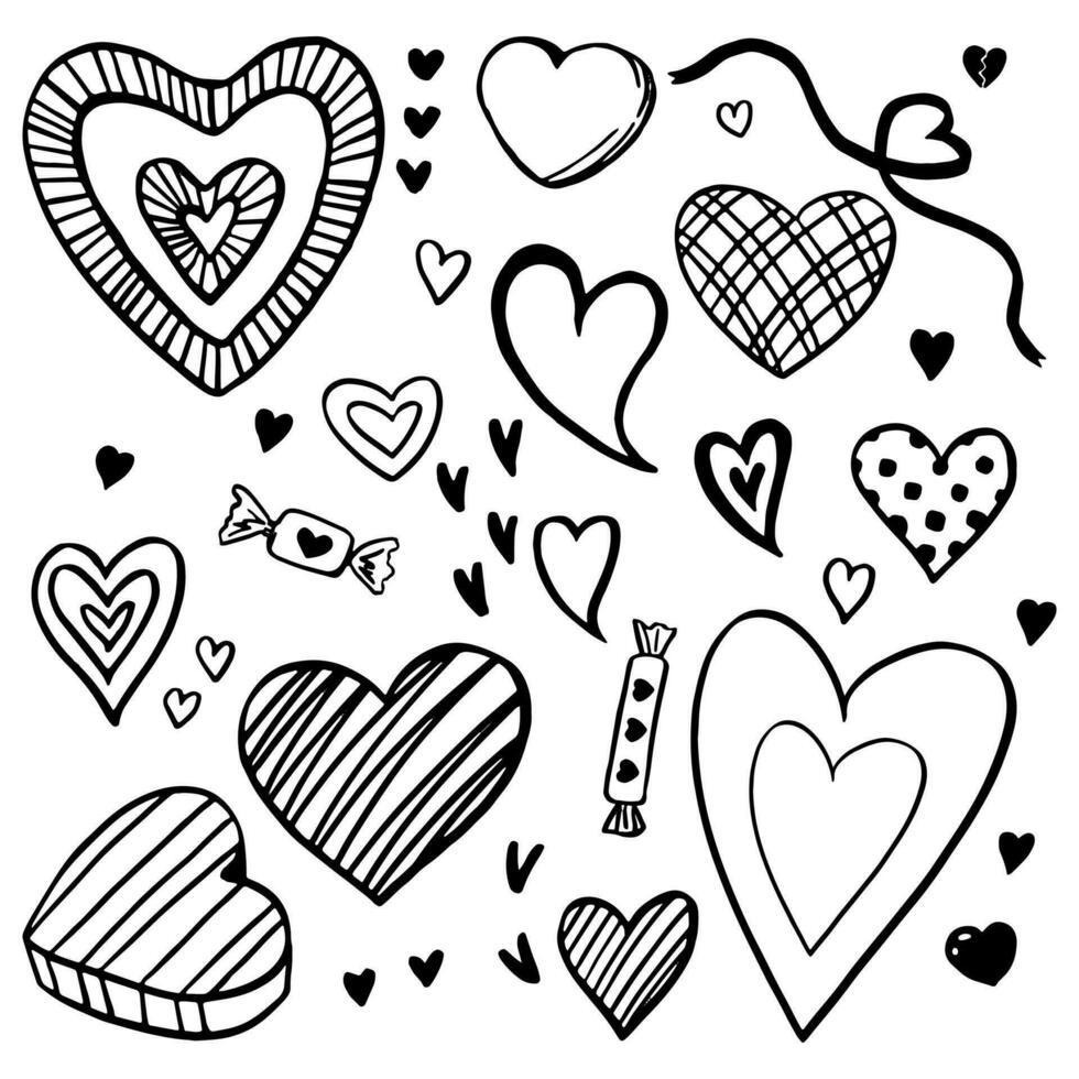 Doodles collection of cute hearts. Hand drawn vector illustrations. Outline sketch elements isolated on white. Contour drawings of romantic attributes for st Valentines holiday, design, prints, cards.