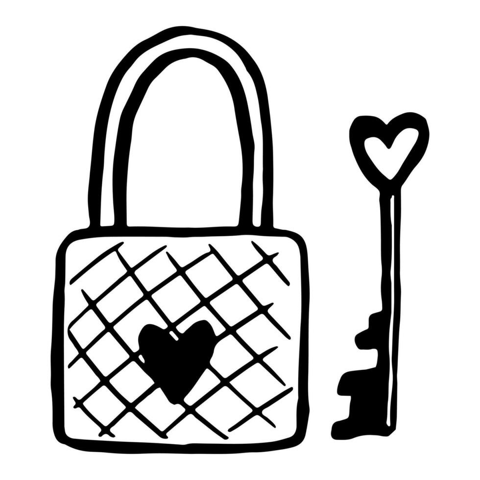 Doodle of lock and key with hearts. Hand drawn vector illustration. Single romantic sketch isolated on white. Cute contour drawing for st Valentines holiday design, print, card, sticker, decor, wrap.