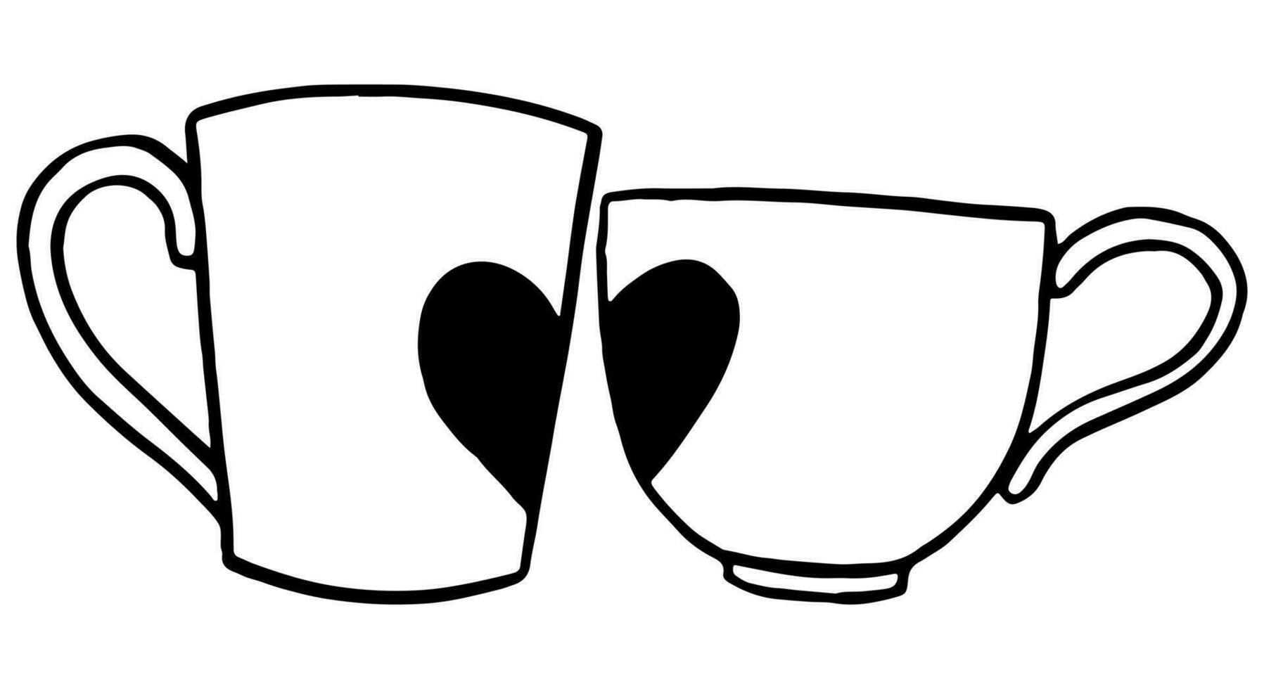 Doodle of pair of mugs with heart. Hand drawn vector illustration. Simple romantic sketch isolated on white. Cute contour drawing for st Valentine holiday design, print, card, sticker, decor, poster.