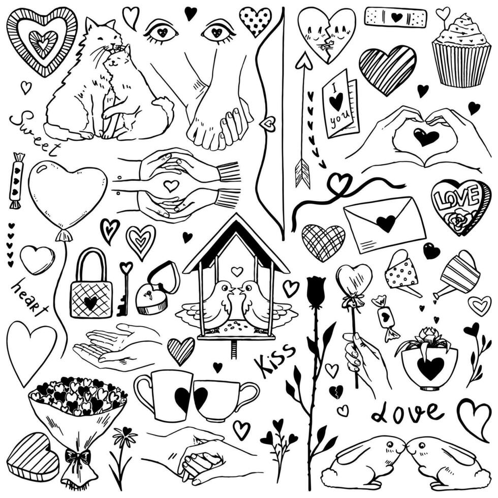 Doodles collection of st Valentines holiday. Hand drawn vector illustrations. Contour drawings of hearts, couples hands, animals in love, romantic attributes. Outline sketch elements isolated on white