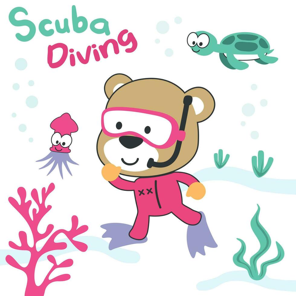 vector ilustración de animal oso en tubo respirador máscara buceo en el mar. lata ser usado para camiseta imprimir, creativo vector infantil antecedentes para tela textil, y otro decoración