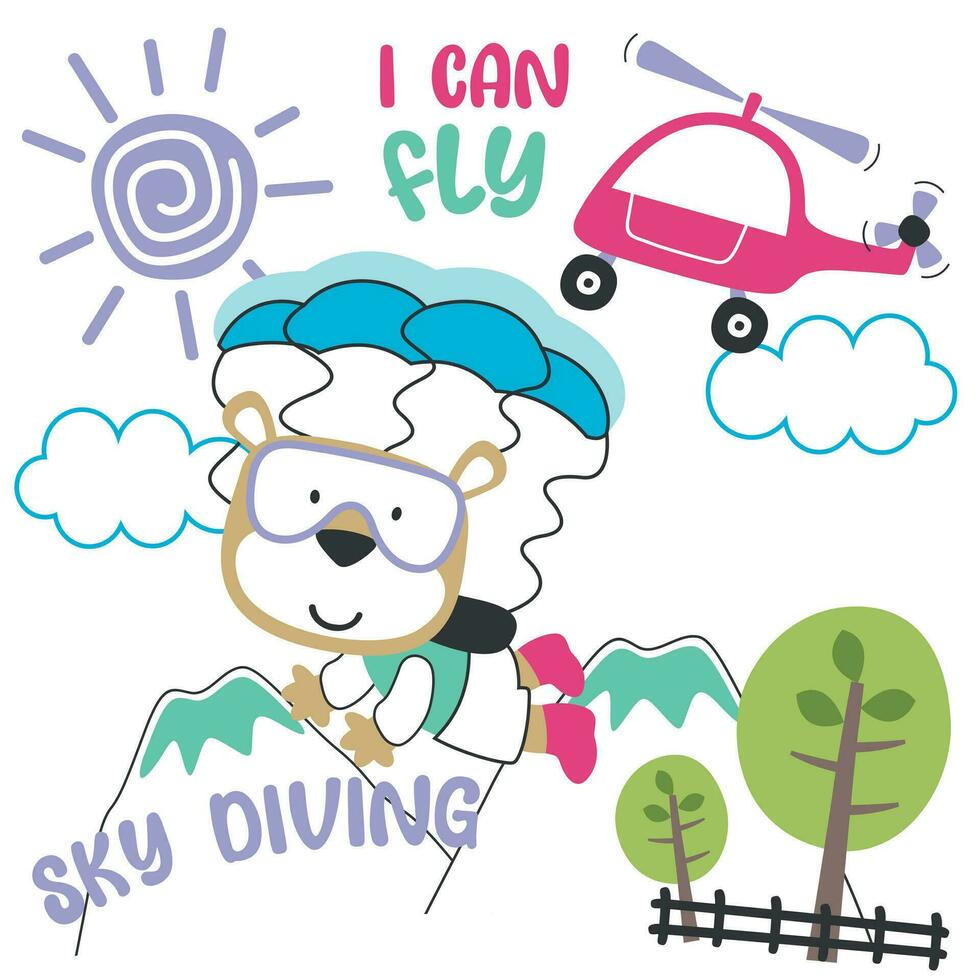 Vector illustration of a cute little animal flying with a parachute. with cartoon style. Creative vector childish background for fabric textile, nursery wallpaper, poster, card, vector illustration