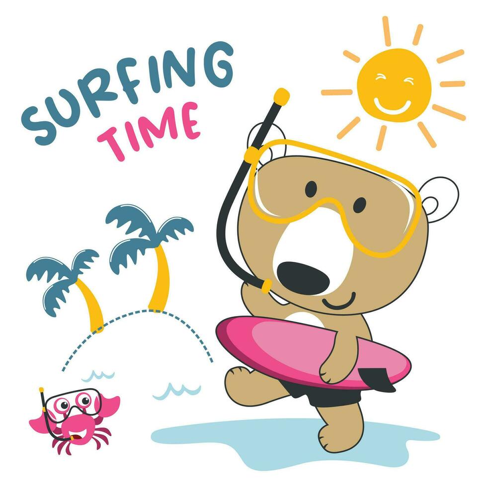 vector ilustración de linda pequeño Tigre con un tabla de surf, gracioso antecedentes dibujos animados estilo para niños para guardería diseño, verano Deportes camiseta impresión