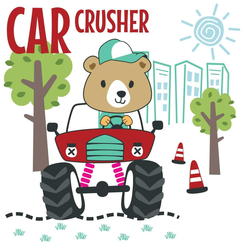 Vector illustration of monster truck with little bear driver. Can be used for t-shirt print, kids wear fashion design, invitation card. fabric, textile, nursery wallpaper and other decoration.