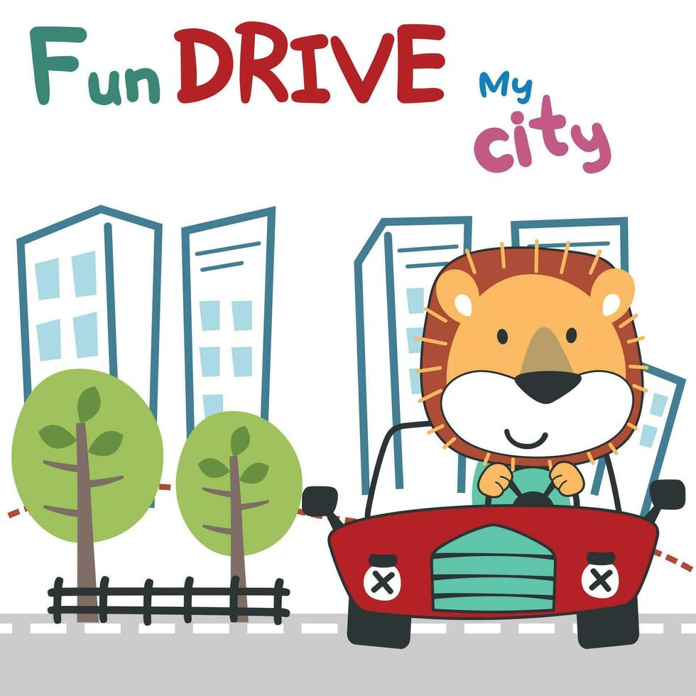 Vector illustration of funy animal driving the car. Funny background cartoon style for kids. Little adventure with animals on the road for nursery design, cartoon tshirt art design.