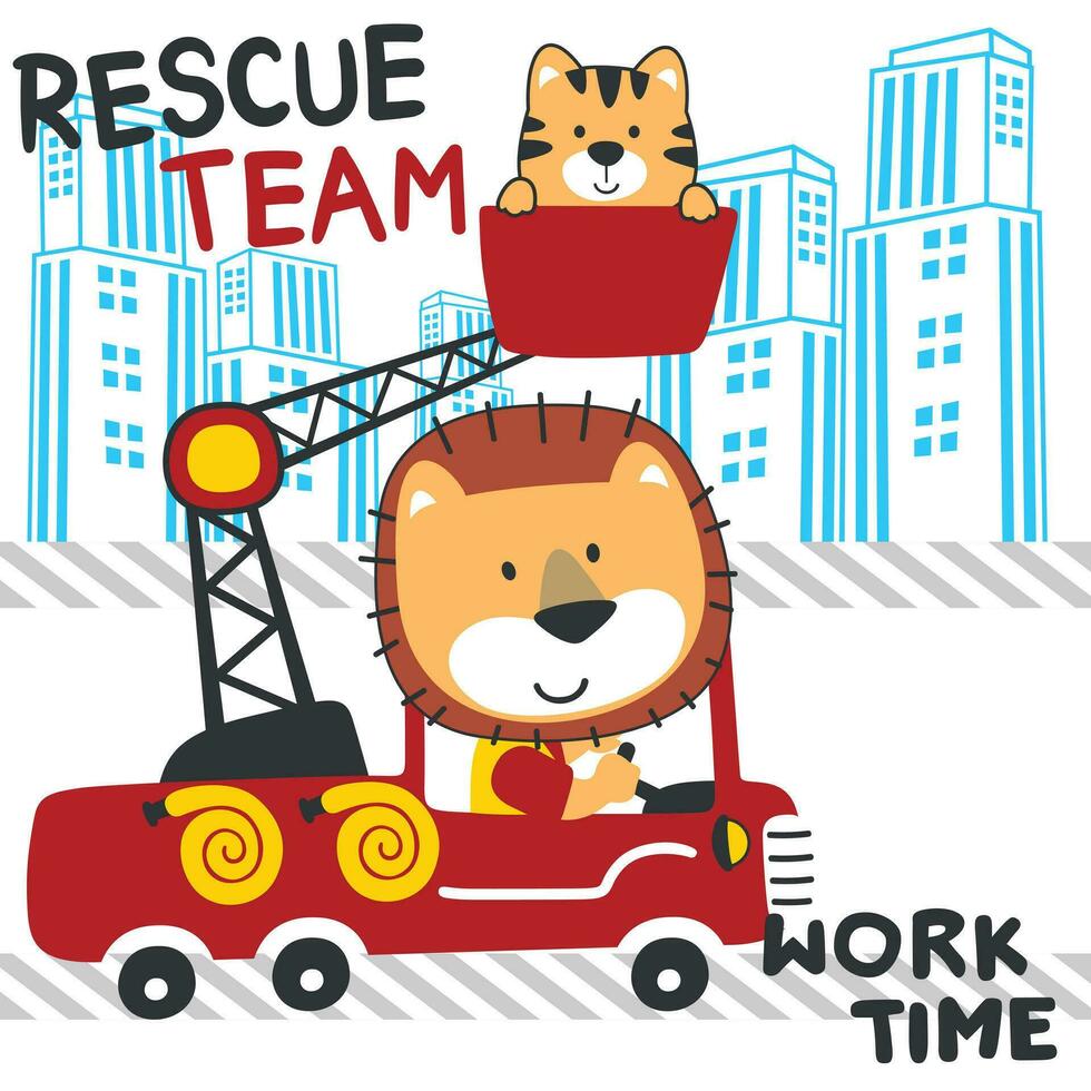 Vector illustration of funny animal firefighter on fire truck. Creative vector childish background for fabric, textile, nursery wallpaper, card, poster and other decoration