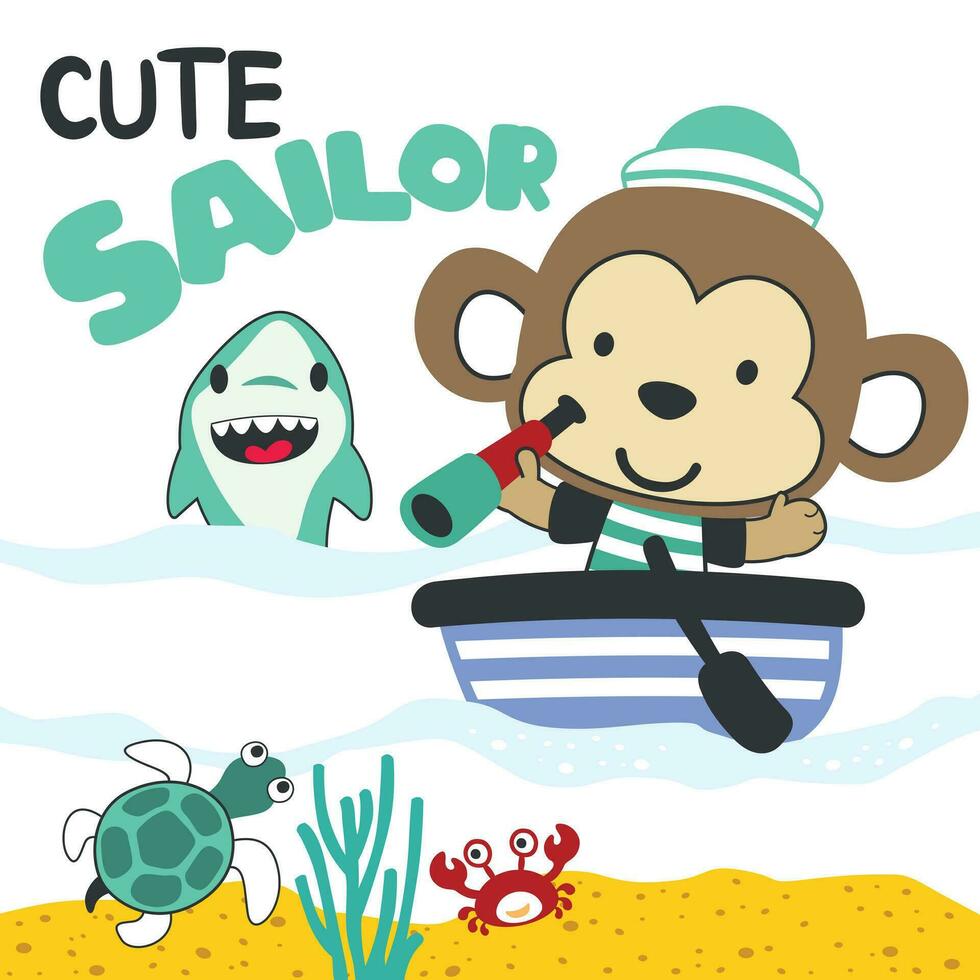 Cute bear sailor on the boat. Can be used for t-shirt print, kids wear fashion design, baby shower invitation card. fabric, textile, nursery wallpaper, poster. vector